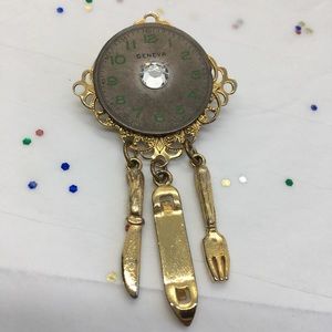 GENEVA Faced Brooch Pendent w/Hanging Utensils